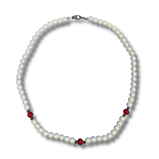 White Pearl Necklace with Red Accents